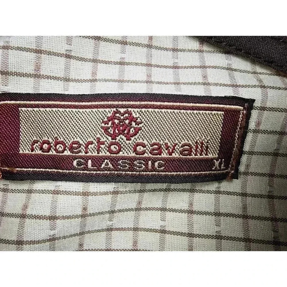 Roberto Cavalli Size XL Mens Classic Beige Brown Check Short Sleeve Pocket Shirt - Picture 4 of 9